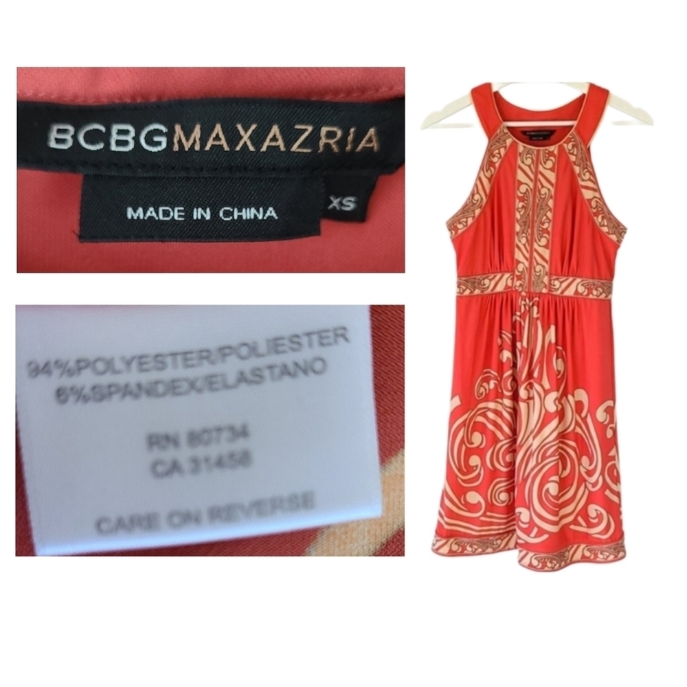 BCBG Max Azria Vintage Orange Coral Romantic Dress Greek Style Print Dress - Picture 4 of 6